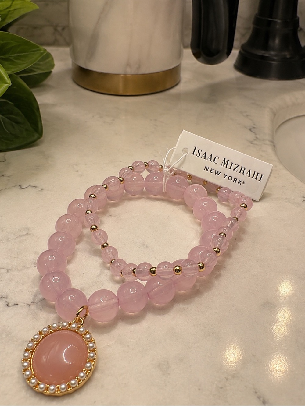 Isaac Mizrahi New York Pink Beaded Stretch Bracelet Set with Pendant (BR-12/12/4